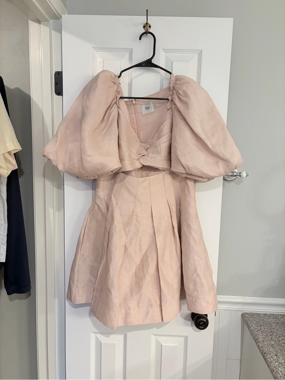 Aje Dusk Knot Puff Sleeve Mini Dress Blush Linen US 14